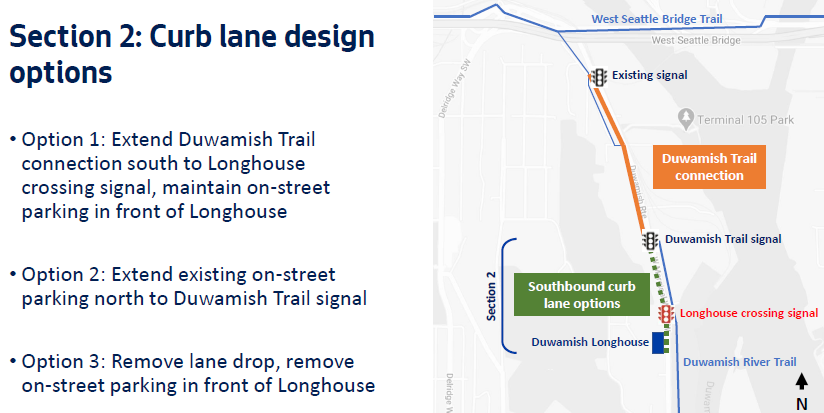 A map showing three options for curb lane design