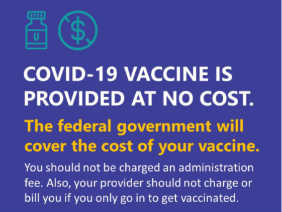 PSA saying COVID vaccine is provided at no cost