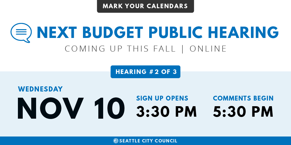 Budget public hearing graphic showing date of second of three public hearings is November 10 at 5:30 p.m. Sign up opens at 3:30 p.m